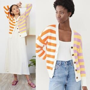 Staud Essex Colorblock Striped Cardigan Cabana Stripe Size XS Button Up